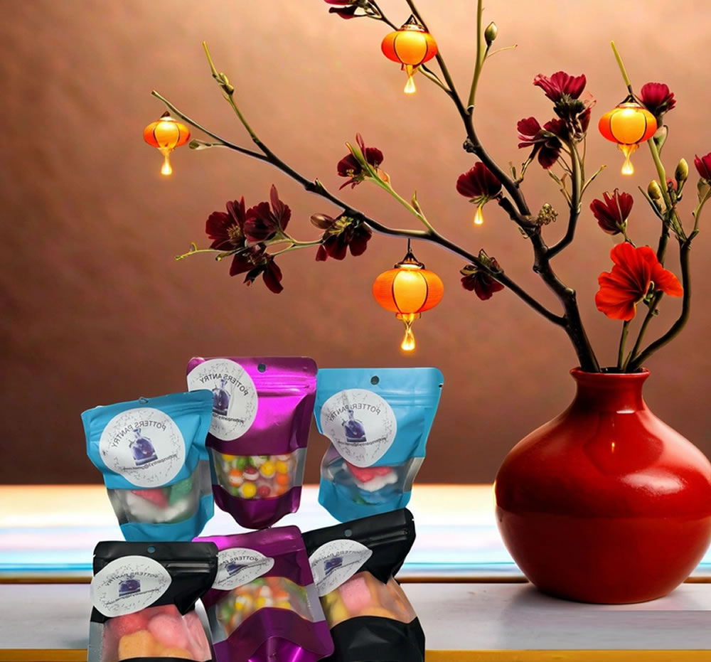 A table with assorted colorful packaged Crunchy Candy Treats in front of a red vase holding a decorative branch with flowers and hanging lanterns.