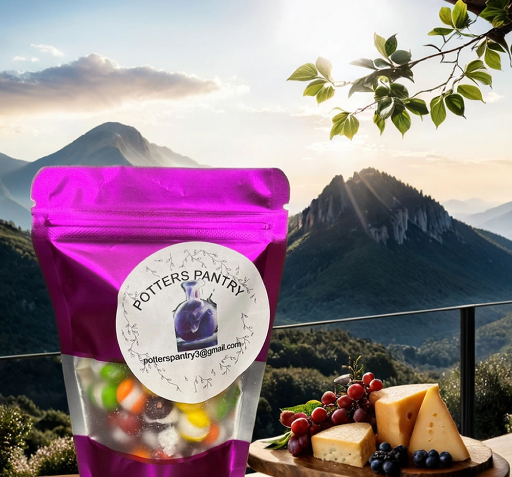 A purple pouch labeled "POTTERS PANTRY - Freeze Dried Skittles" is filled with colorful candies. The pouch is set on a table with cheese and berries, overlooking a scenic mountain view.